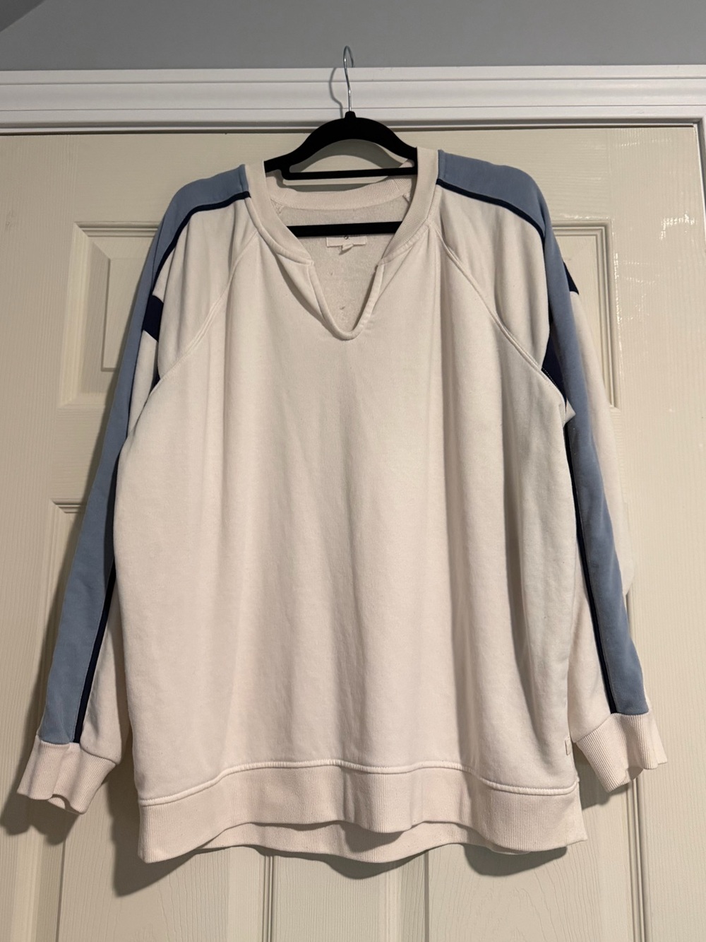 Lou & Grey White Sweatshirt with Light Blue Shoulder Stripes
